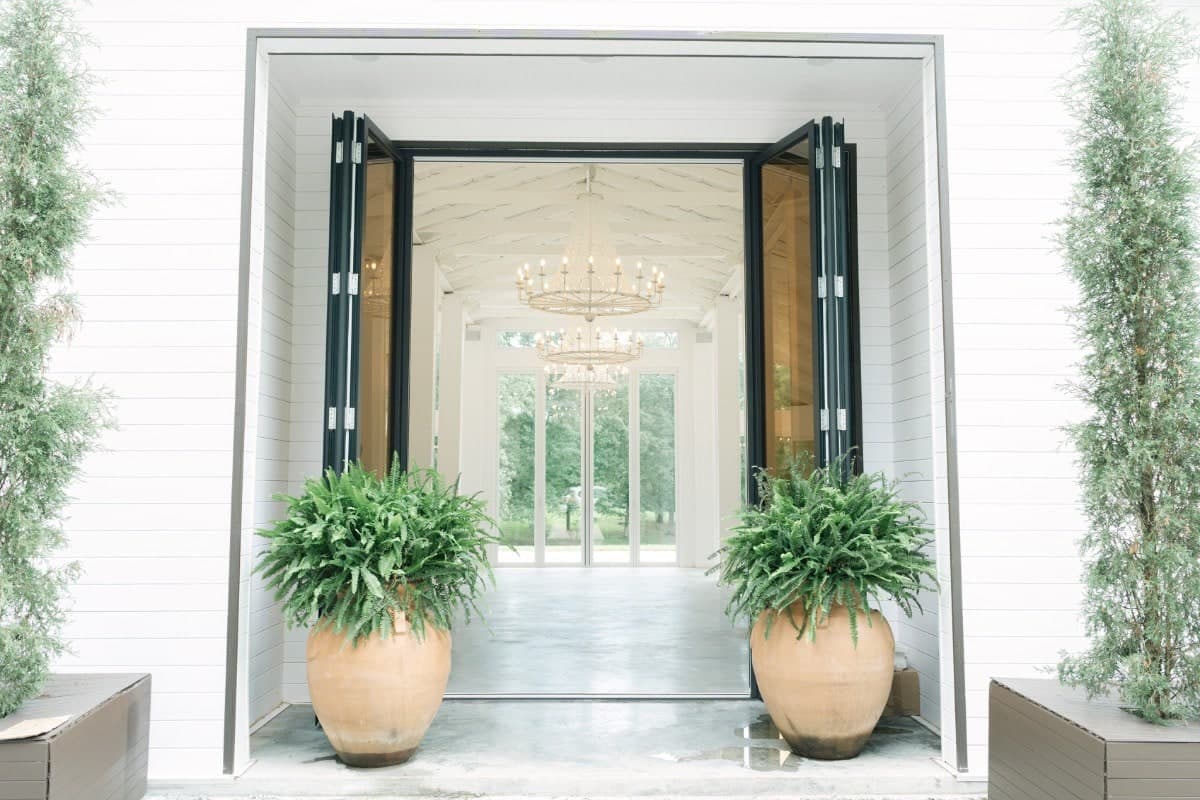 The Pavilion entrance, doors open to the chandeliers