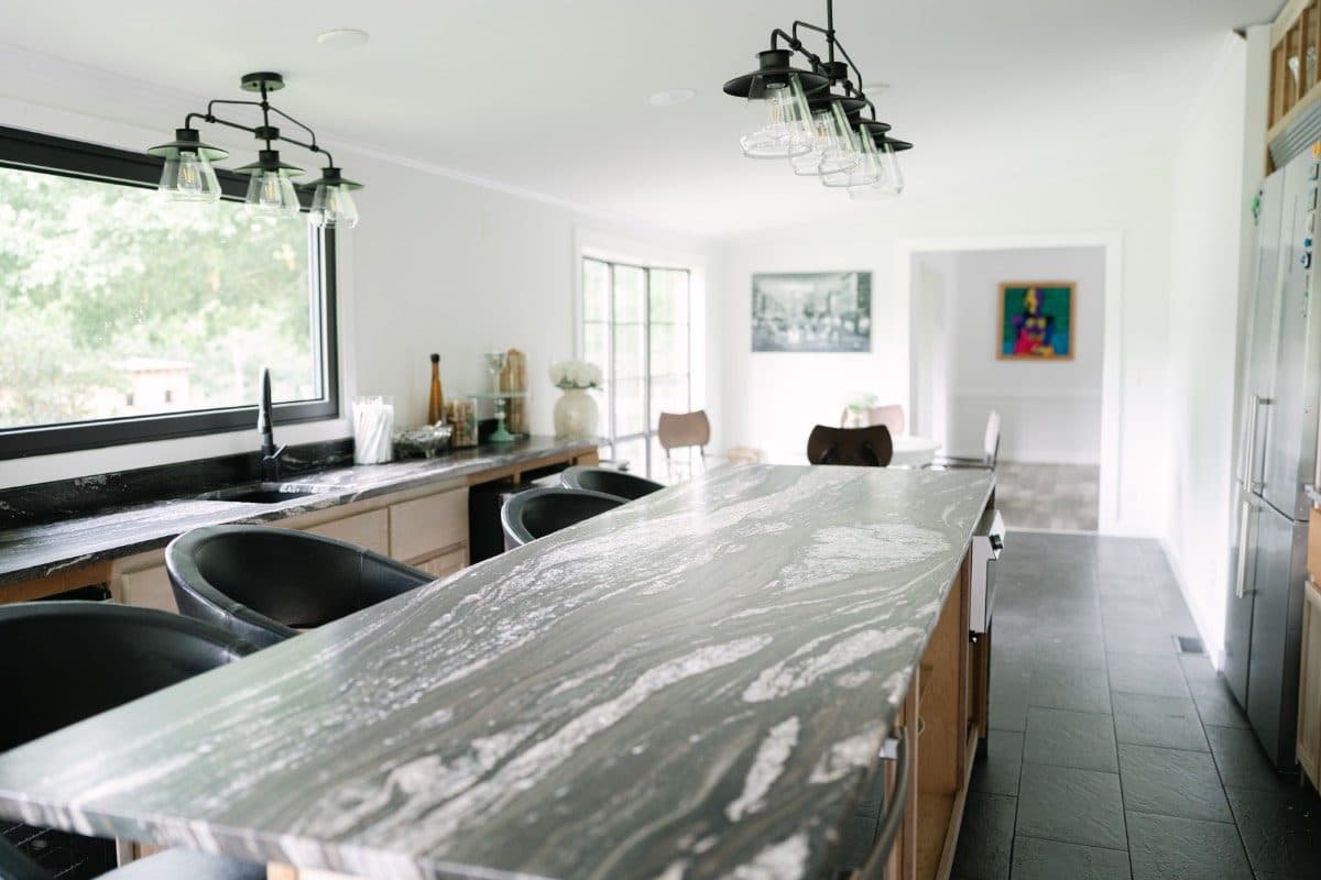 The cabin's marble island kitchen